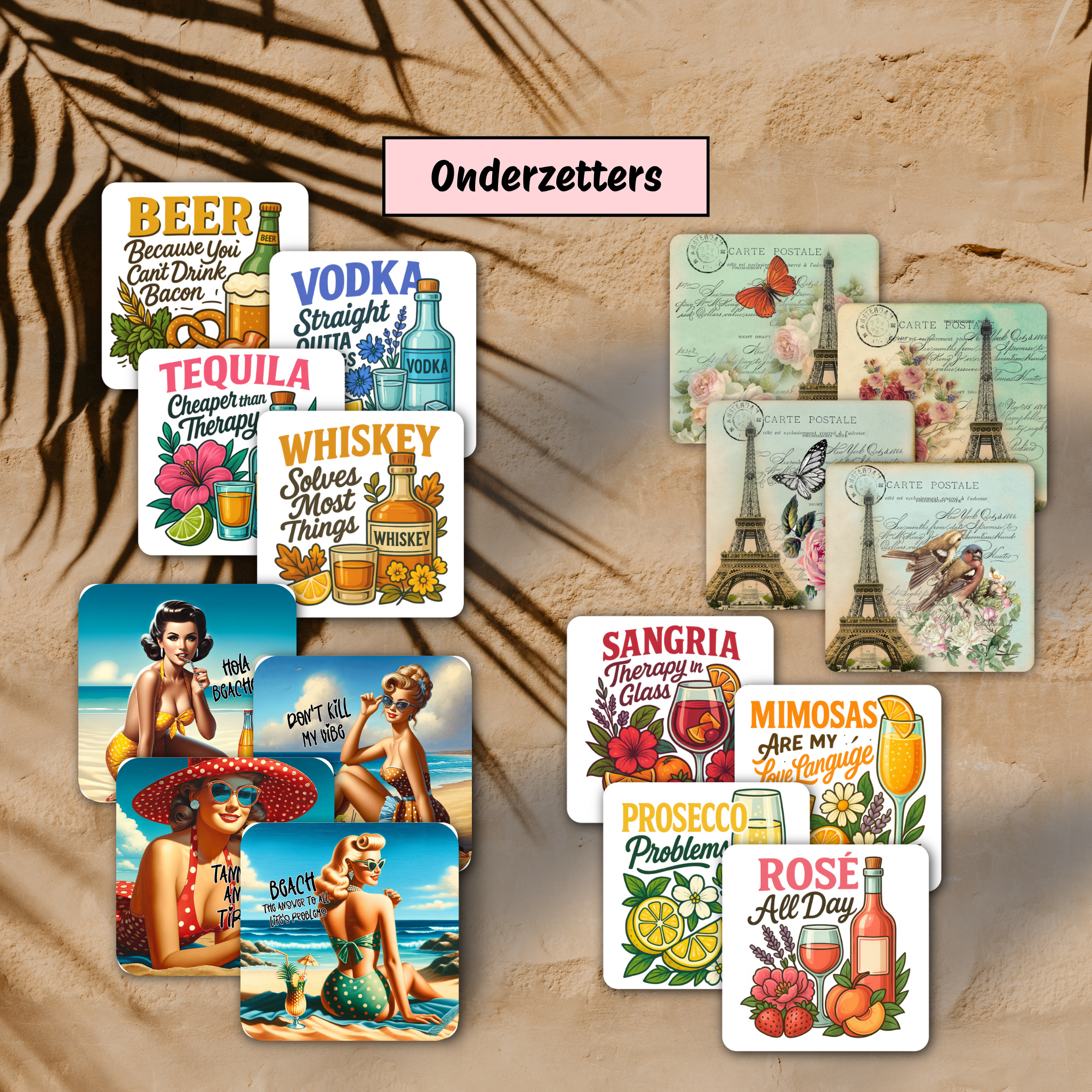 Mix van kleurrijke onderzetters met drankquotes, pin-up designs en vintage Parijs prints – categorie Onderzetters