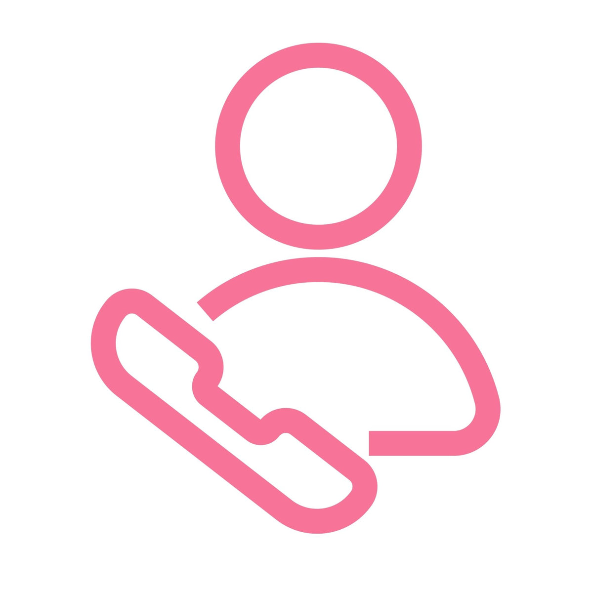 Roze pictogram van een persoon met telefoon, symbool voor persoonlijke service en directe bereikbaarheid bij vragen of bestellingen
