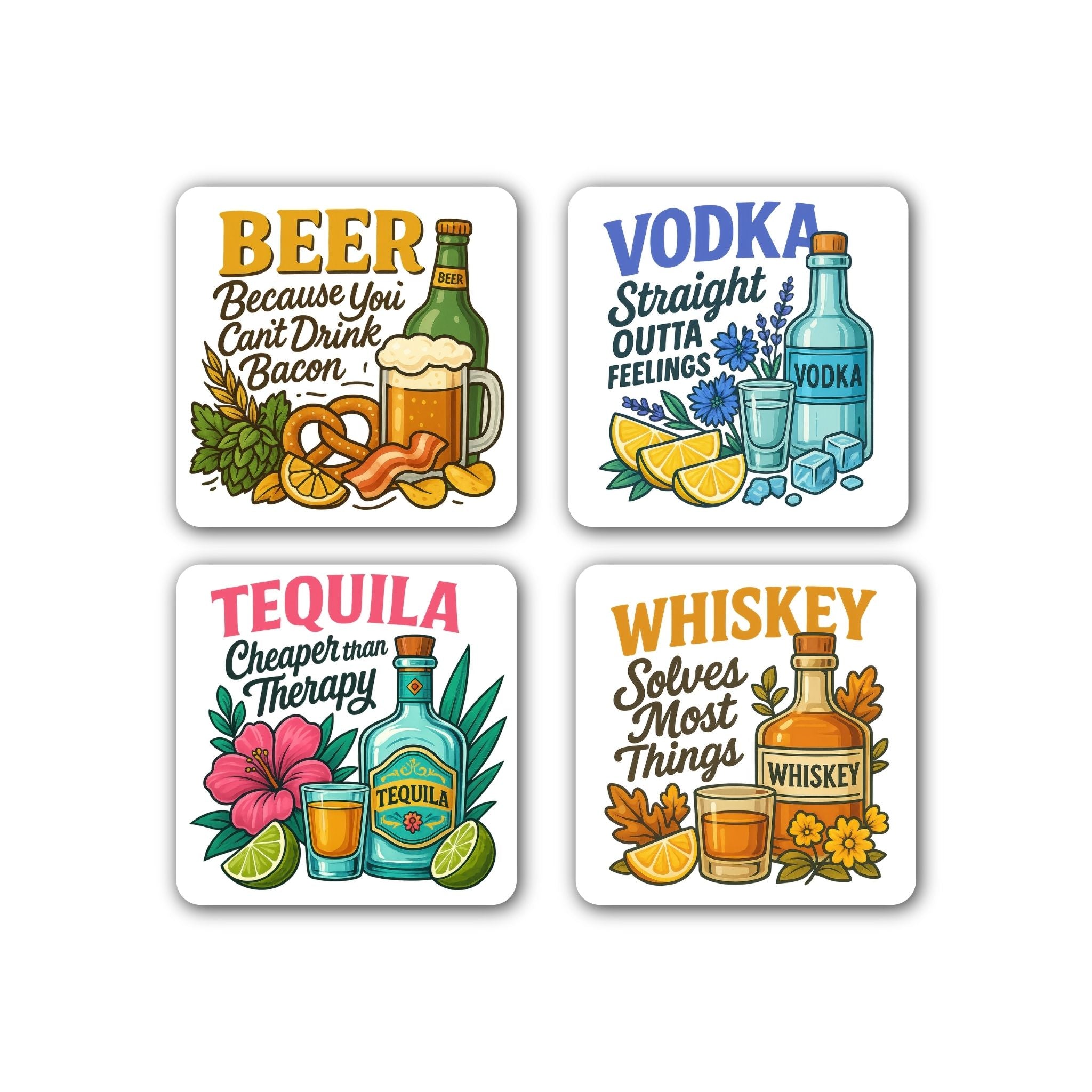 Set van vier humoristische onderzetters met quotes over bier, wodka, tequila en whiskey – perfect als cadeau of voor personalisatie.