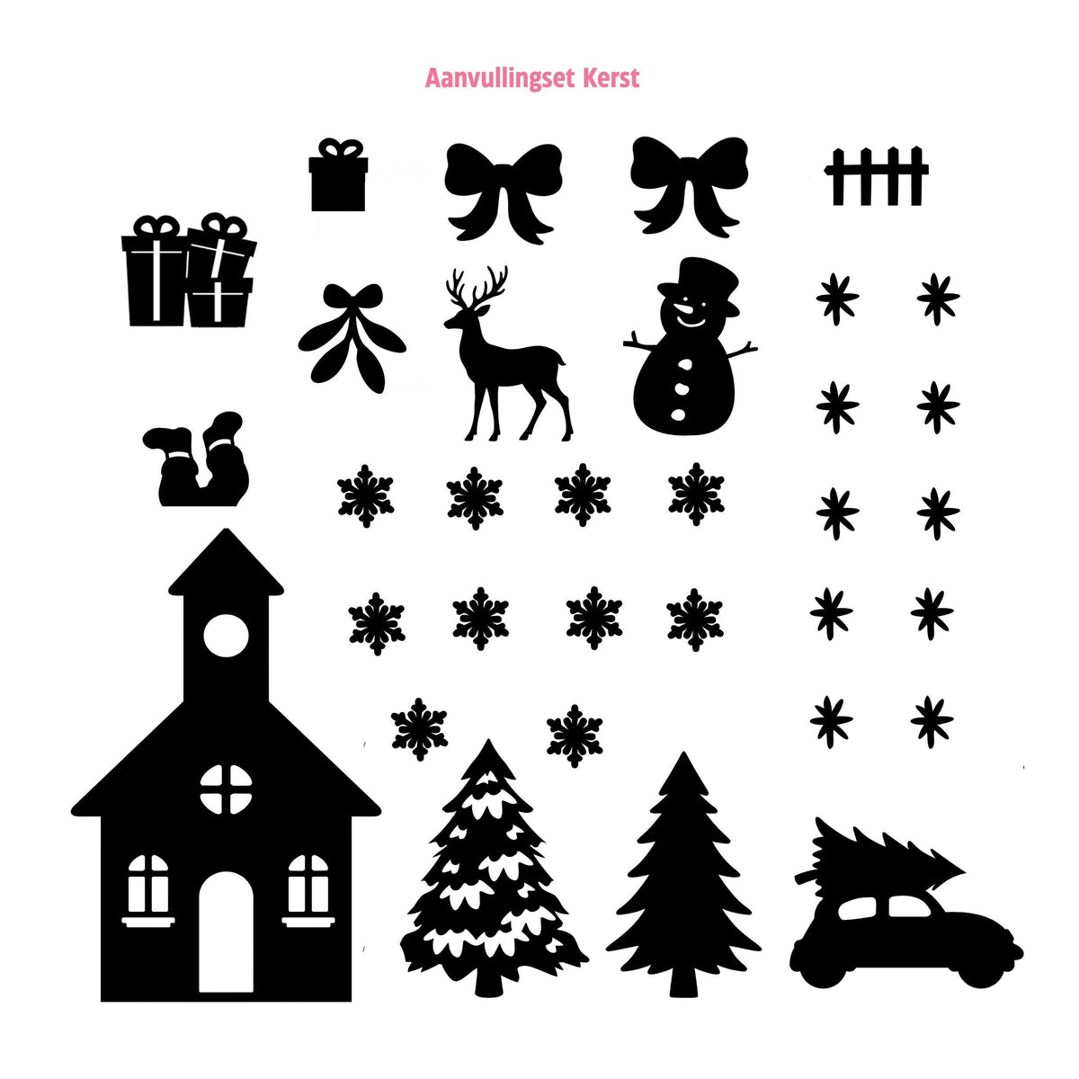 Zwarte statische raamstickers van de Kerst aanvullingsset met kerk, kerstbomen, rendier, sneeuwpop, auto met kerstboom en decoraties. Zonder basisdorp. Studio DSigns