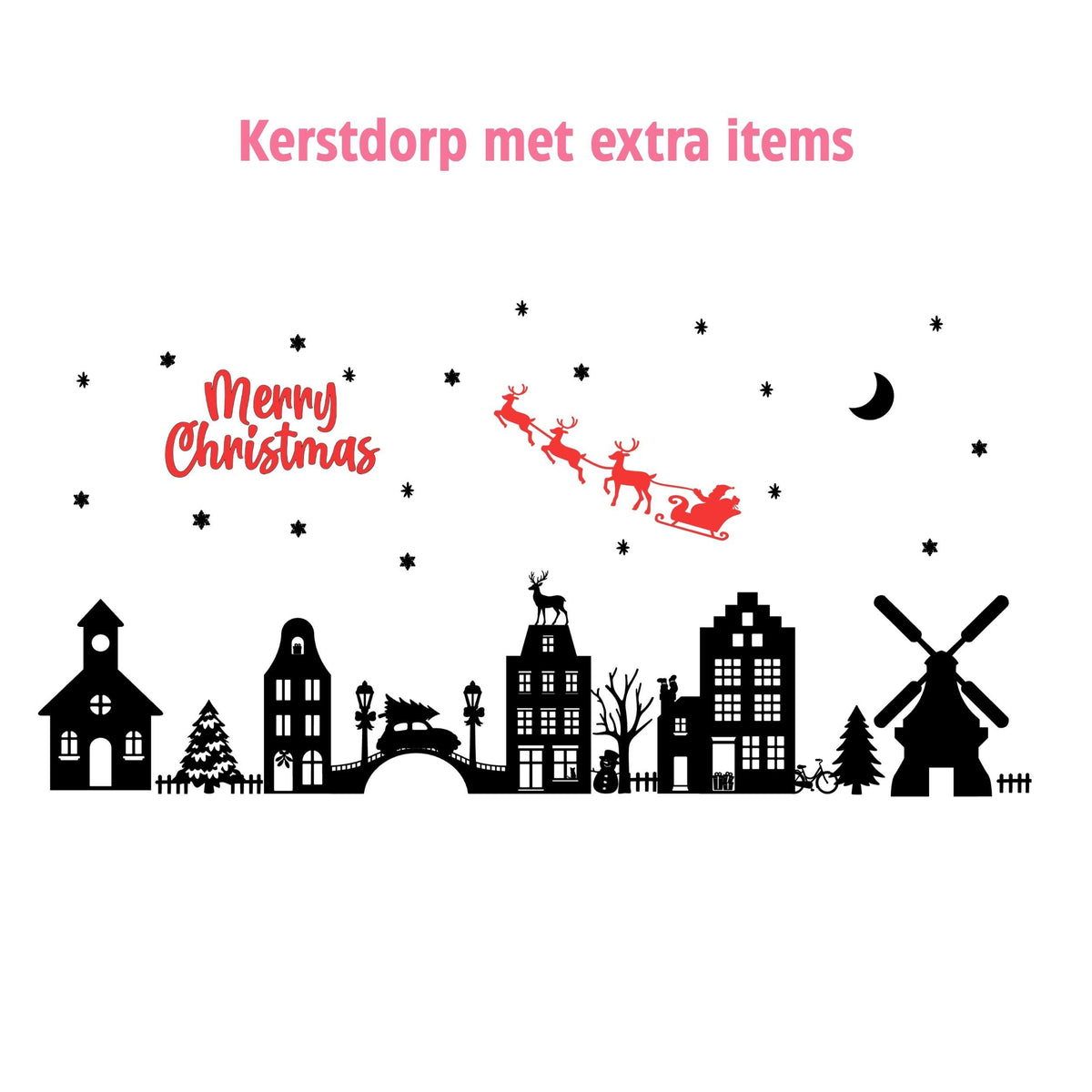 Kerstdorp met de apart bij te bestellen Merry Christmas tekst en kerstman met slee in rood aangegeven ter verduidelijking, Studio DSigns