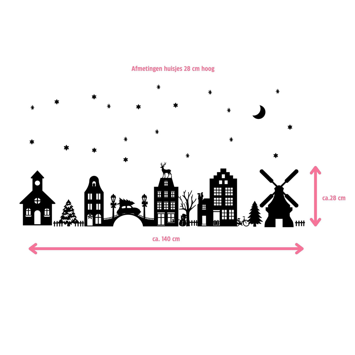 Zwart Kerstdorp van Studio DSigns met maataanduiding van ongeveer 140 cm breed en 28 cm hoog