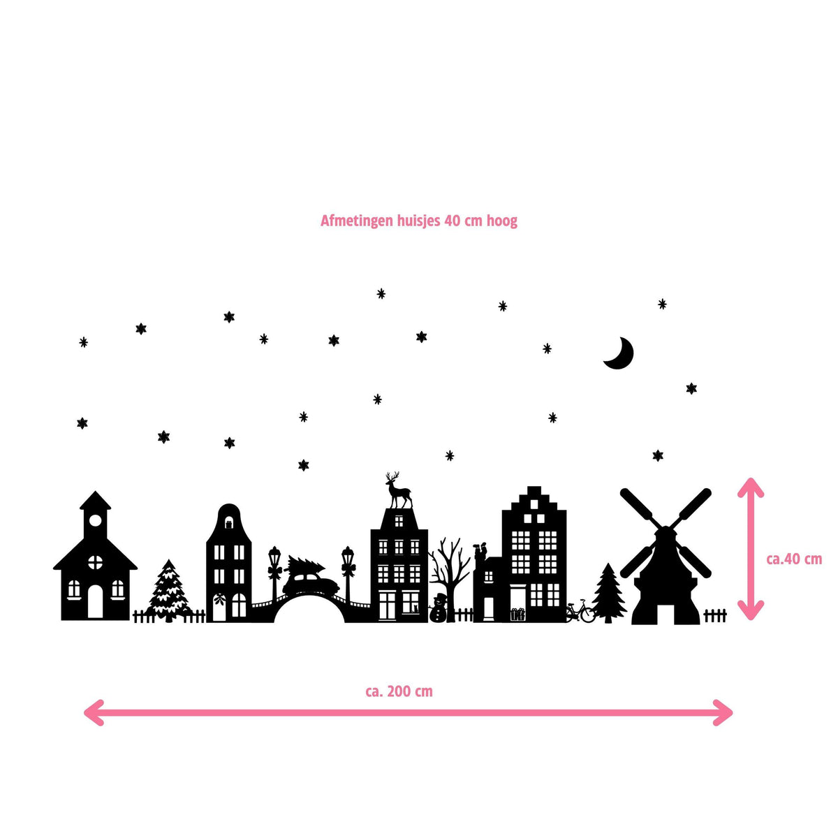Kerstdorp van Studio DSigns met maataanduiding van ongeveer 200 cm breed en 40 cm hoog
