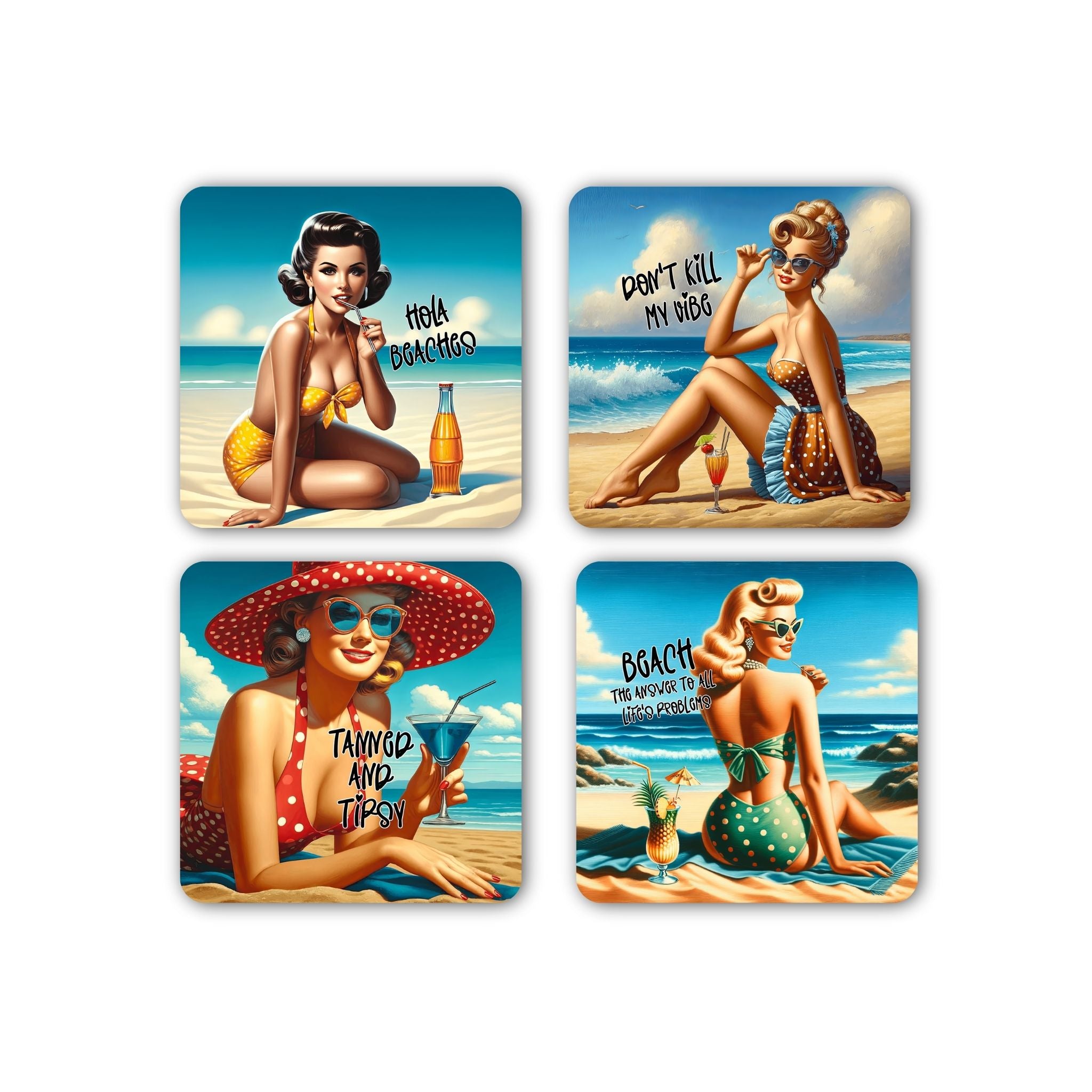 Set van vier vintage pin-up beach onderzetters met zonnige strandillustraties en quotes
