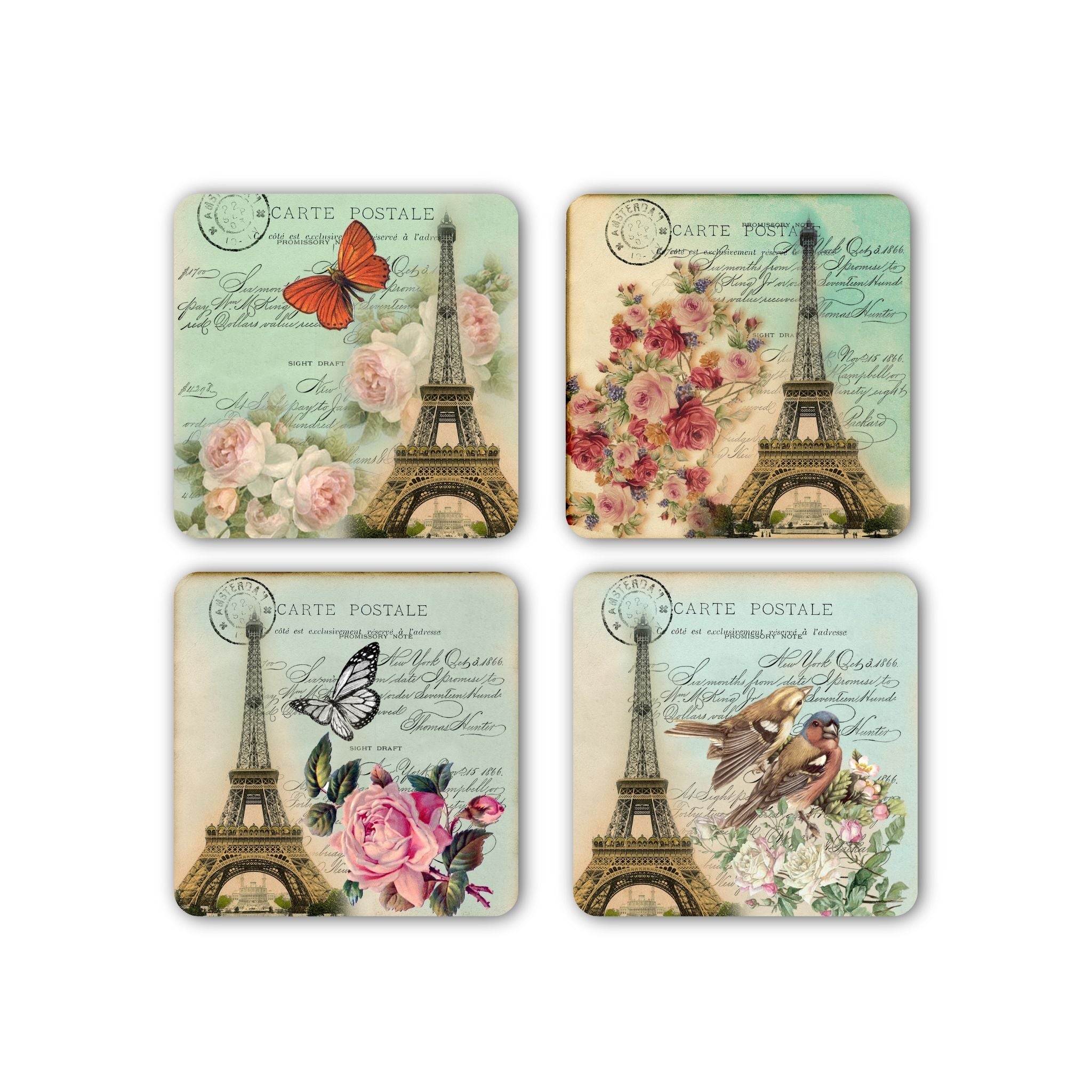 Set van vier vintage onderzetters met illustraties van de Eiffeltoren, bloemen, vlinders en vogels in Franse postkaartstijl – perfect als stijlvol en gepersonaliseerd cadeau.