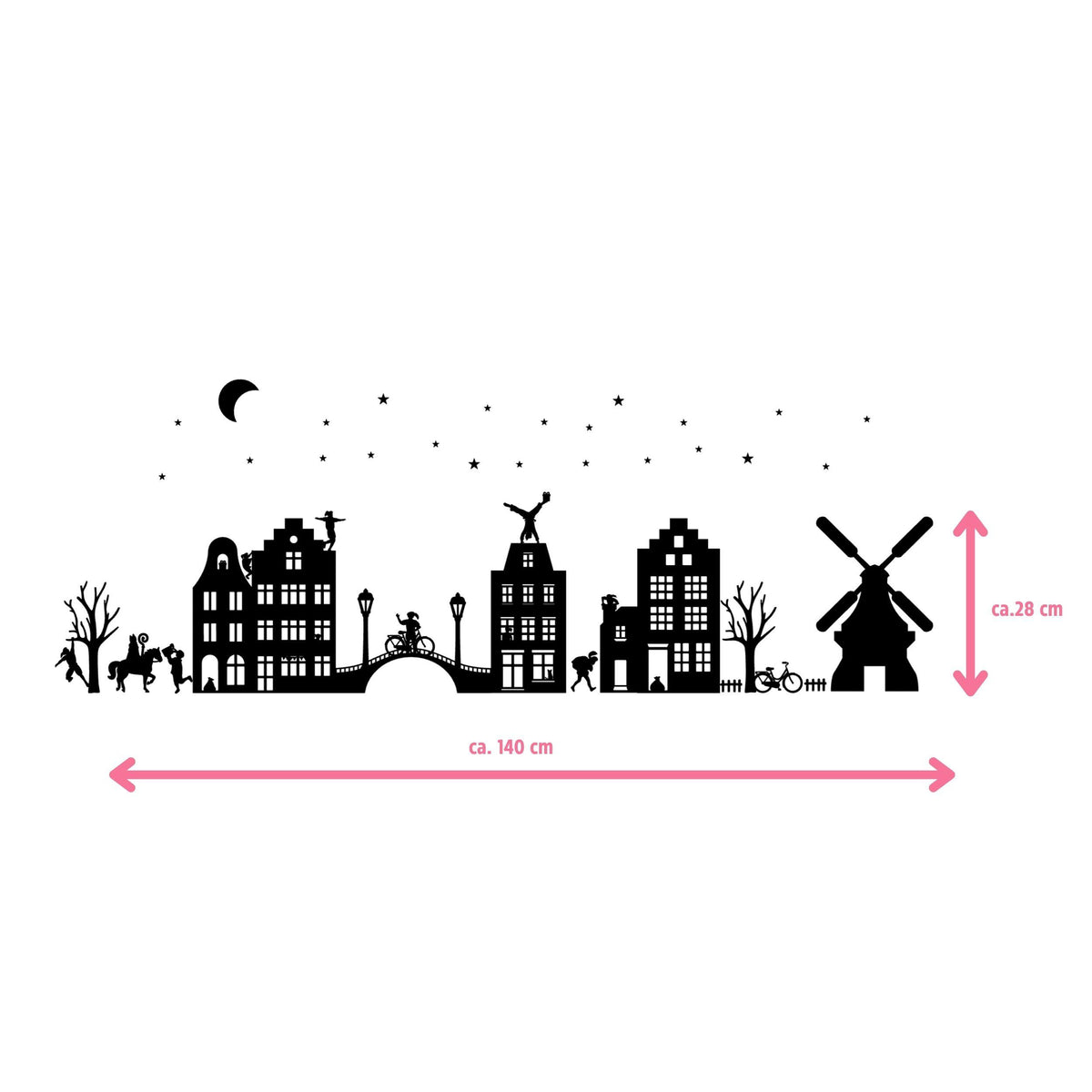 Zwart Sinterklaasdorp van Studio DSigns met maataanduiding van ongeveer 140 cm breed en 28 cm hoog