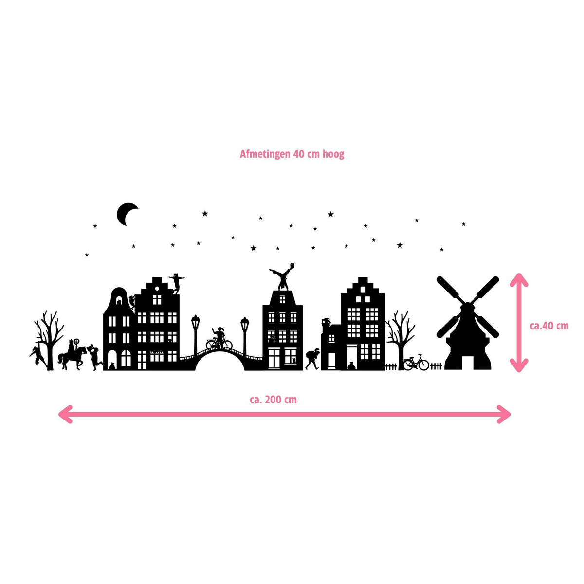 Zwart Sinterklaasdorp van Studio DSigns met maataanduiding van ongeveer 200 cm breed en 40 cm hoog