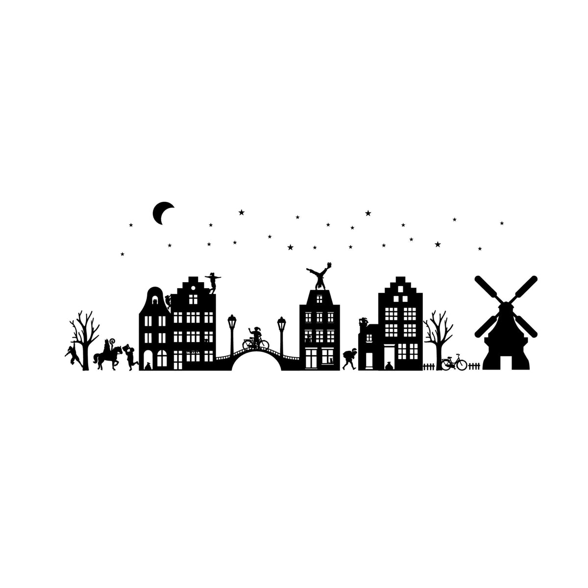 Zwarte statische raamstickers van een Sinterklaasdorp met huisjes, molen, brug, Sint, pieten, maan en sterren van Studio DSigns. Zonder afmetingen