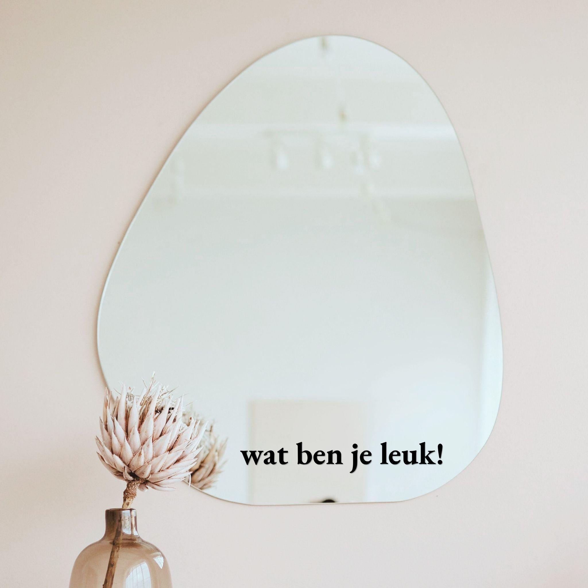 Zwarte spiegelsticker met tekst wat ben je leuk op een organische spiegel in een licht interieur met vaas en droogbloem
