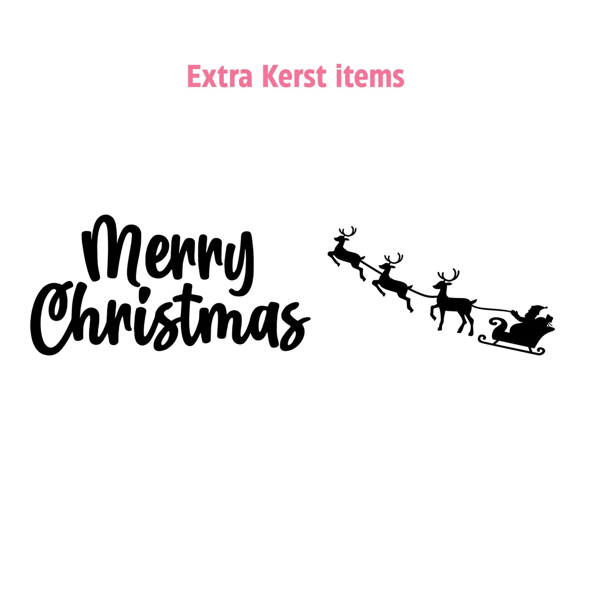 Zwarte statische raamstickers met Merry Christmas tekst en kerstman met slee en drie rendieren, extra kerstitems van Studio DSigns
