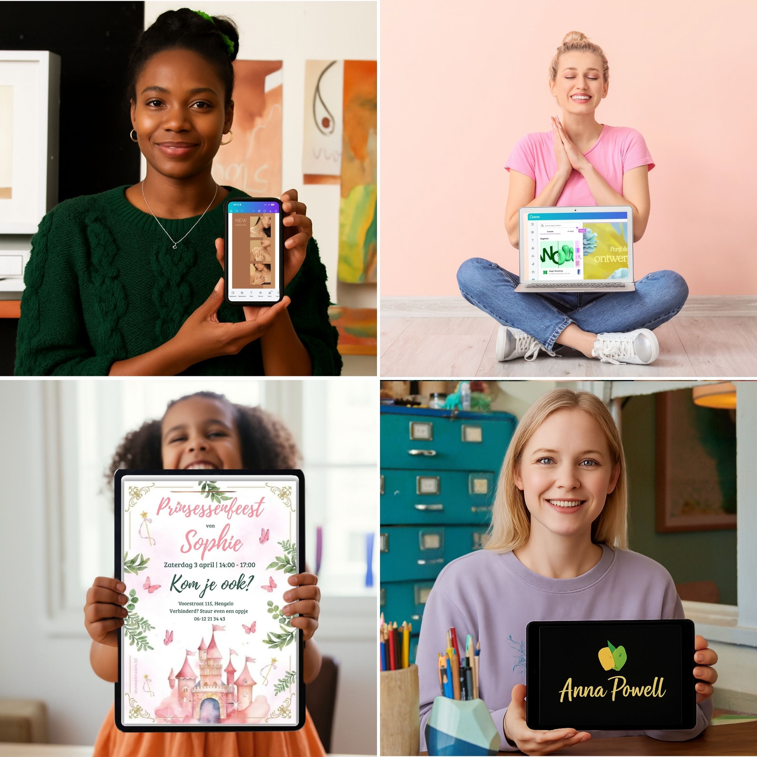 Collage van vier mensen die digitale ontwerpen tonen op telefoon, laptop en tablet, zoals social media posts en uitnodigingen gemaakt in Canva.