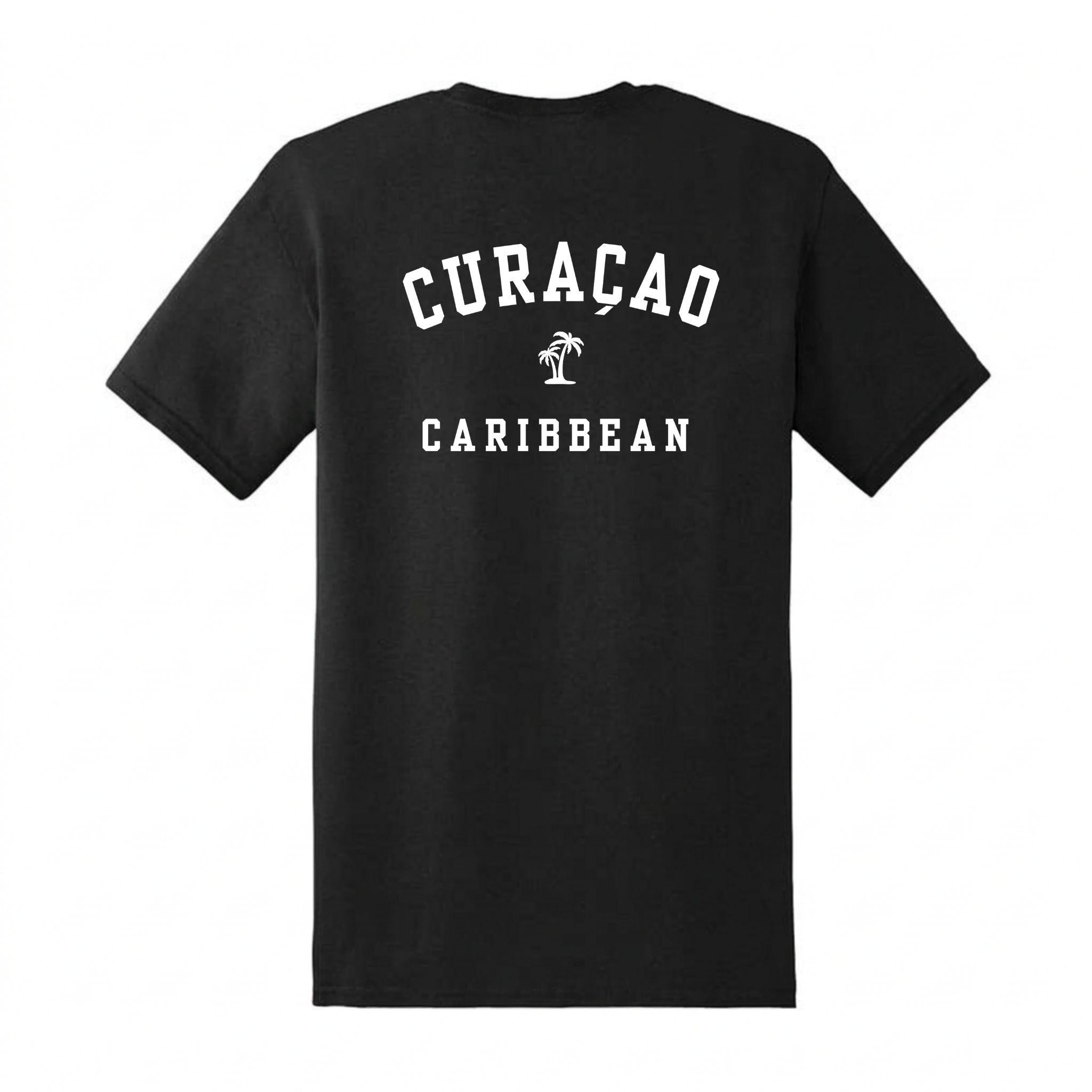 Zwart heren T-shirt met op de achterkant de tekst 'Curaçao Caribbean' in college-stijl met een palmboom.