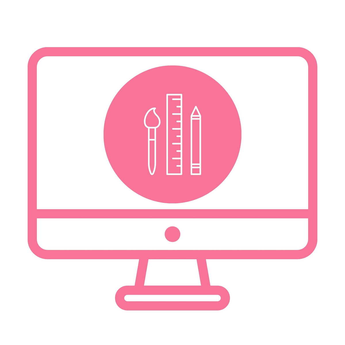 Roze icoon van een computer met ontwerp tools zoals penseel, liniaal en potlood op het scherm.