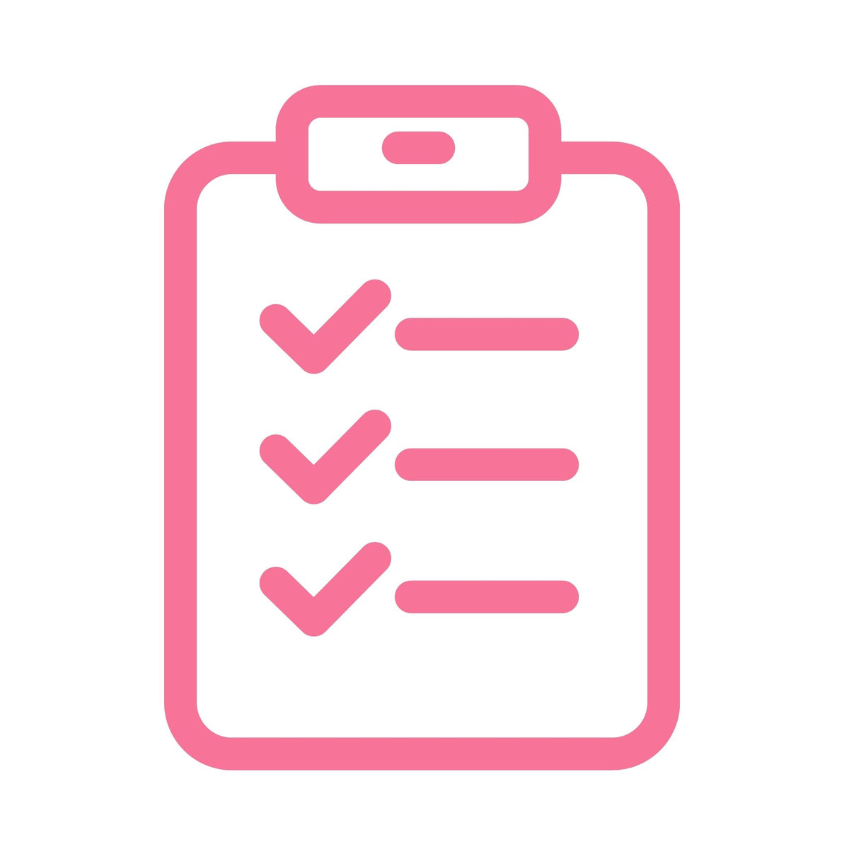 Roze icoon van een checklist met vinkjes en regels, symbool voor overzicht en structuur.