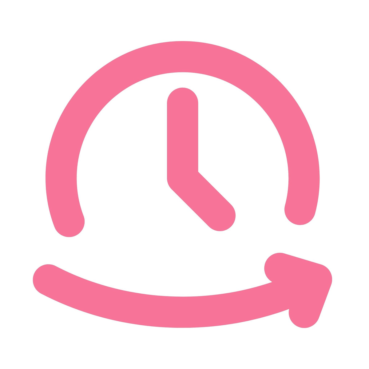 Roze icoon van een klok met cirkelvormige pijl, symbool voor snel en eenvoudig proces.