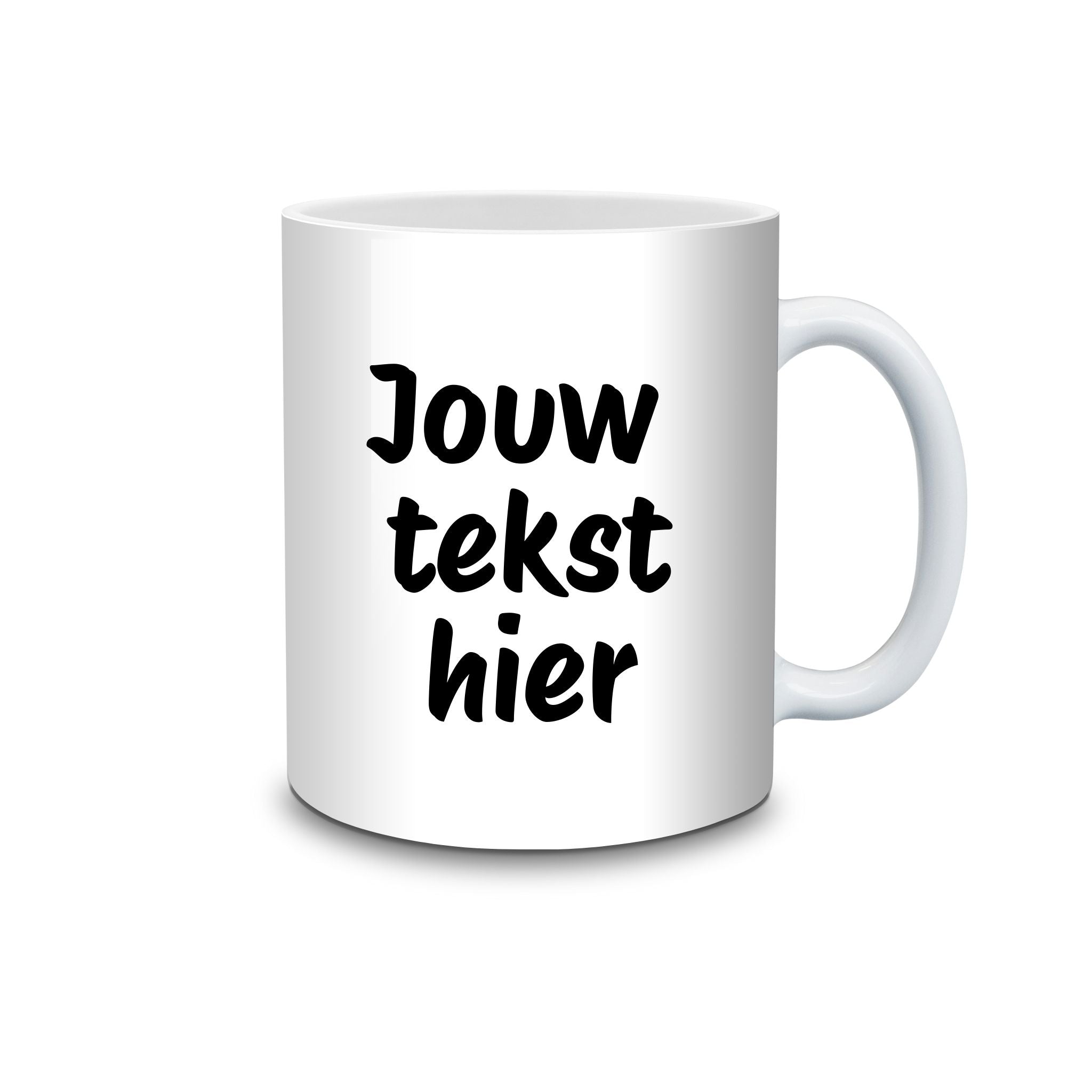 Witte mok met de tekst "Jouw tekst hier", voorbeeld van een personaliseerbare mok.