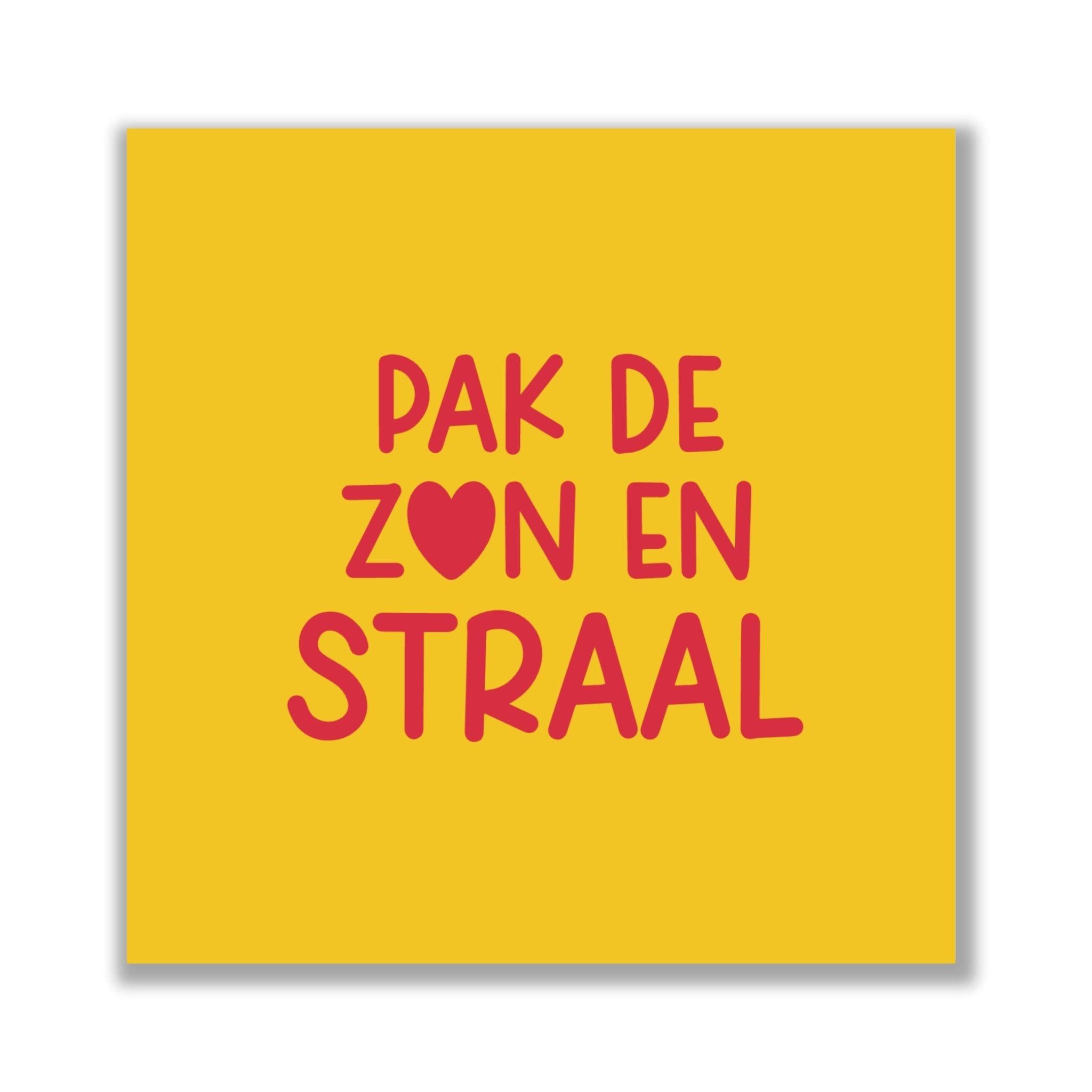 Keramisch tegeltje met de tekst pak de zon en straal in rood op een gele achtergrond