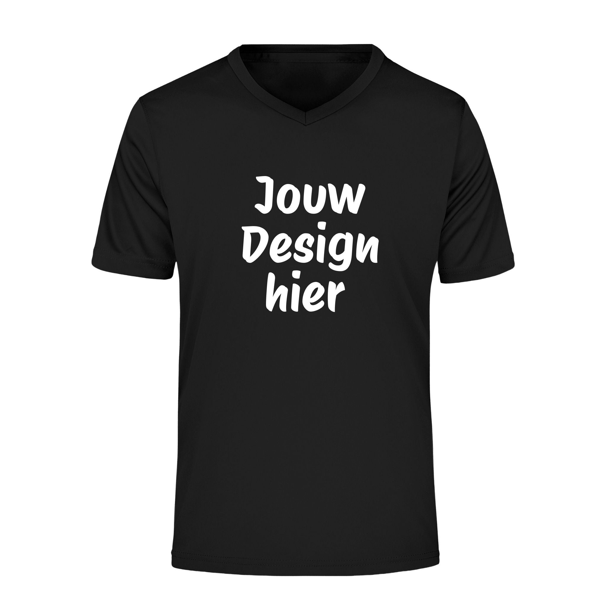 Zwart unisex T-shirt met V hals op witte achtergrond.
