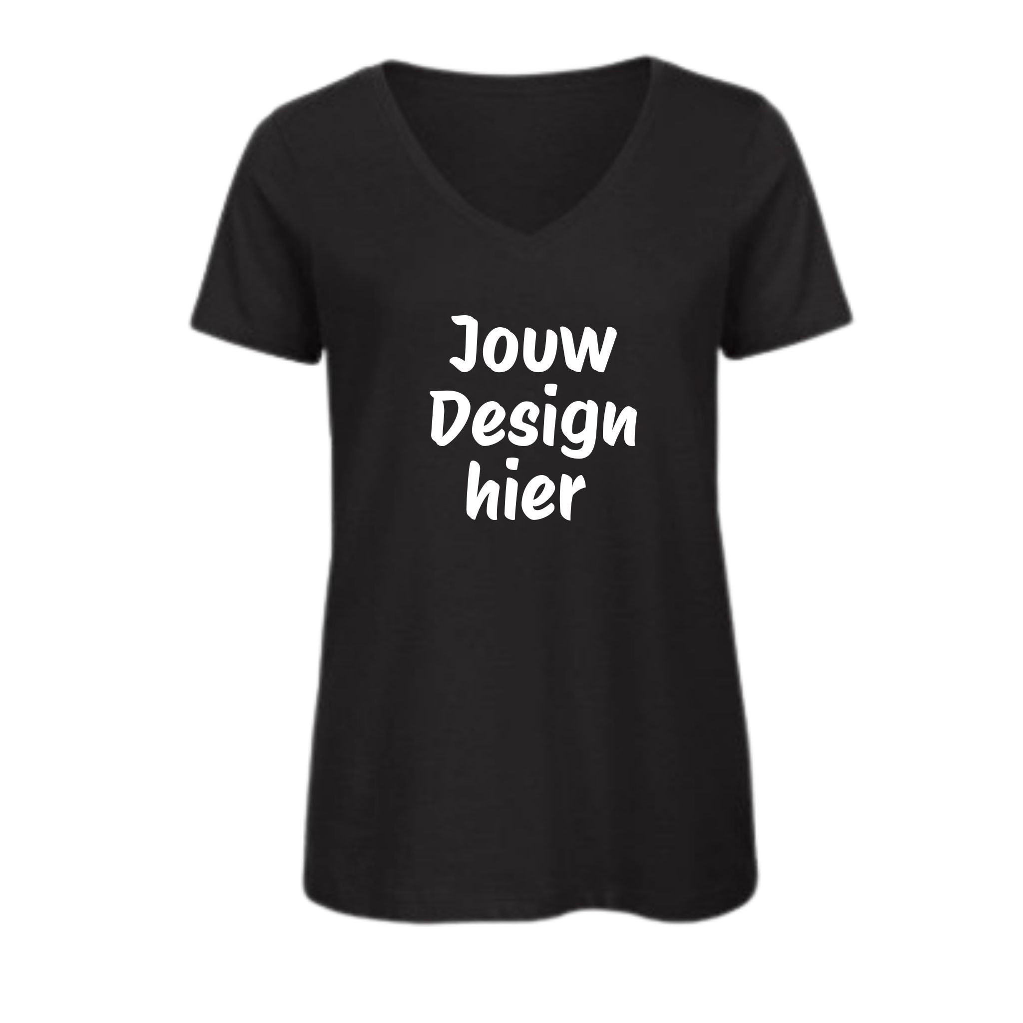 Zwart dames T-shirt met V hals op witte achtergrond.