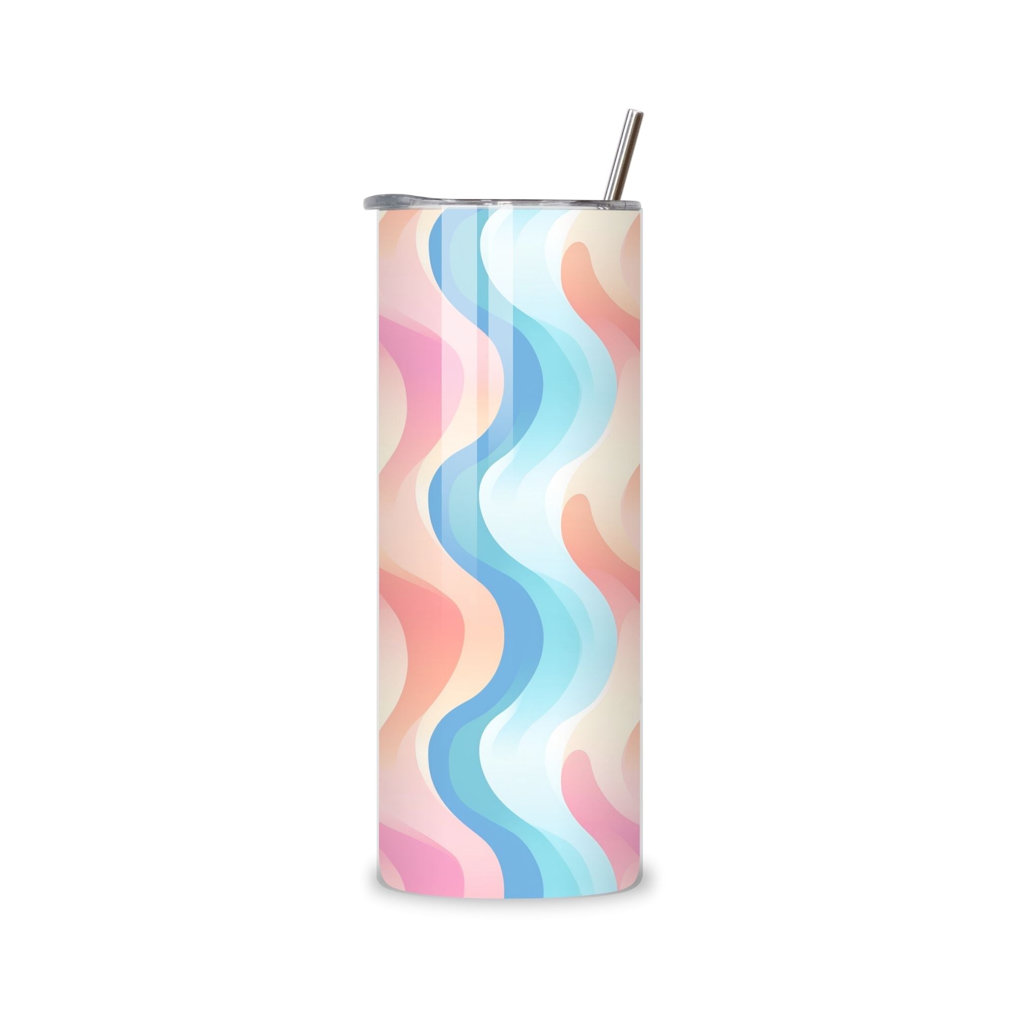 Tumbler met pastel kleuren en golvend patroon in roze, blauw en geel tinten.